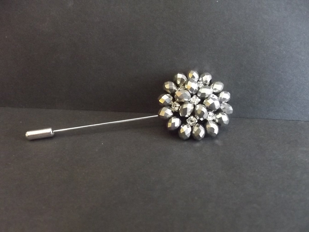 Gray Beaded Flower Lapel Pin